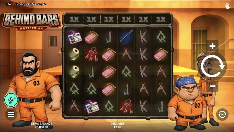 Behind Bars Masterplan - Layar permainan dengan gulungan 6x5 dan koefisien vertikal